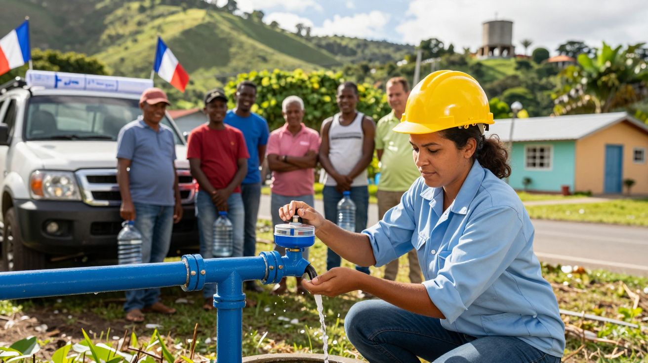 Kobieta w kasku żółtym sprawdza wodomierz na rurze, w tle stoi grupa ludzi i samochód.
