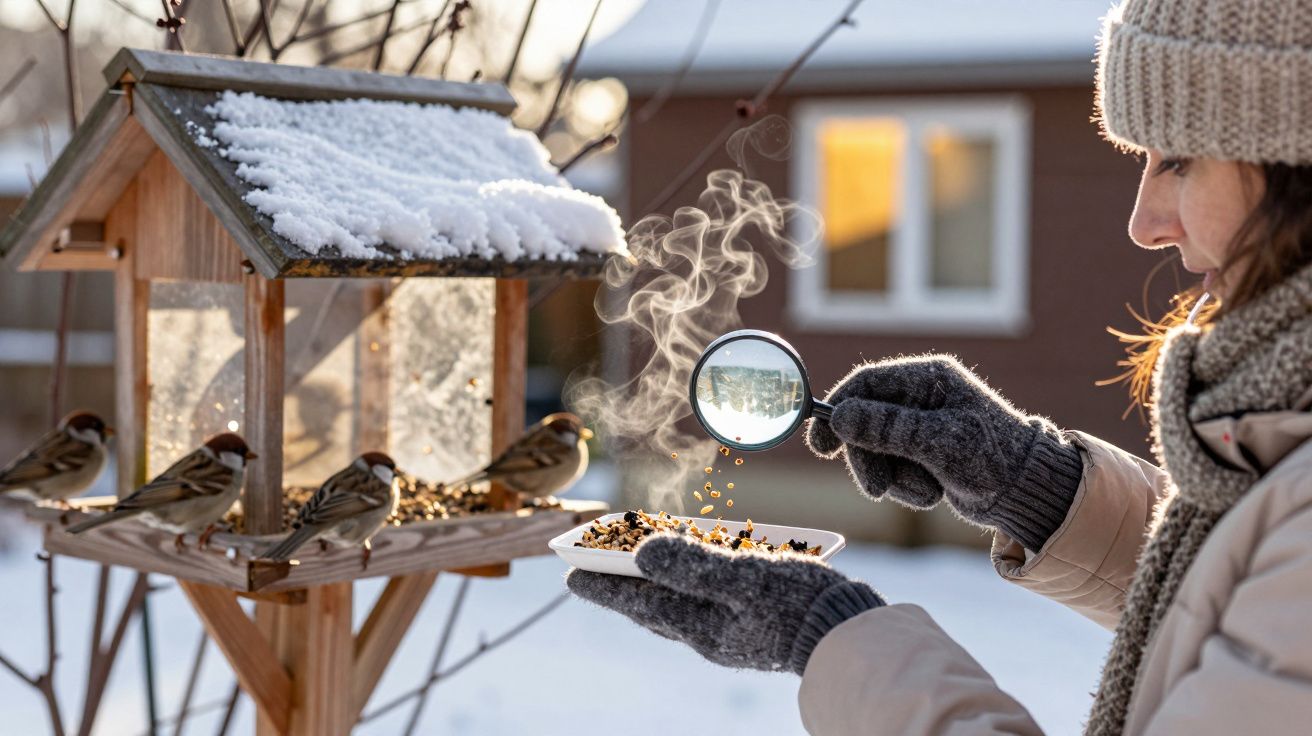 Kobieta w zimowej odzieży sypie nasiona do karmnika dla ptaków na śnieżnym tle z lupą w ręku.