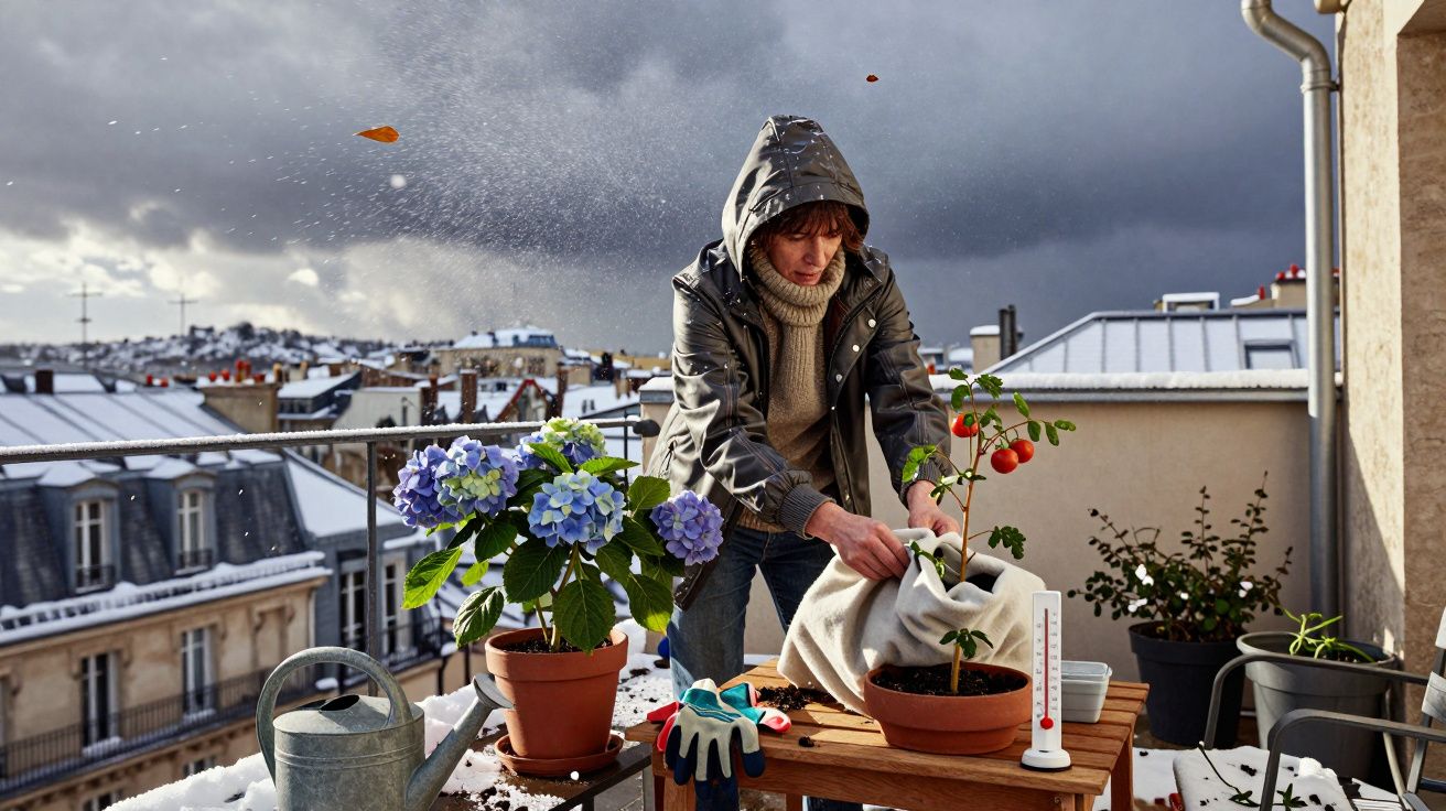 Kobieta w kurtce pielęgnuje rośliny na balkonie pokrytym śniegiem pod ciemnym, zimowym niebem.