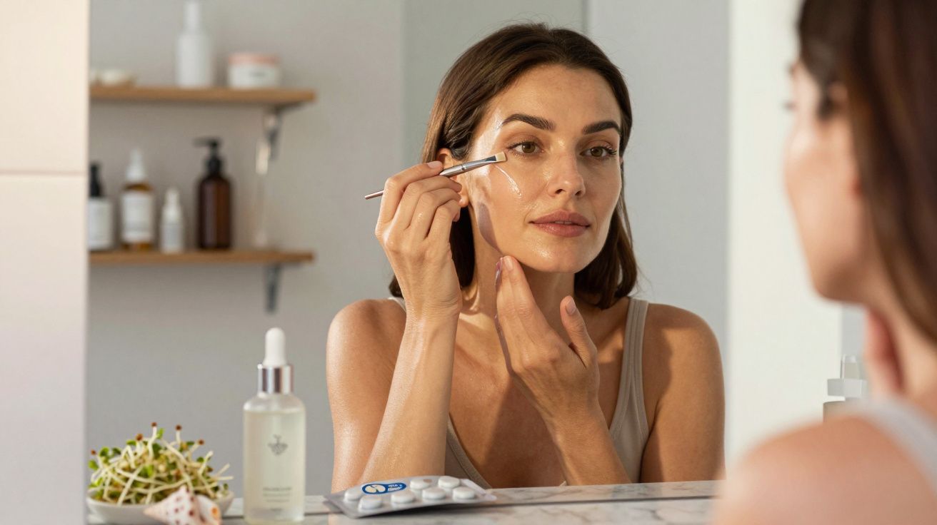 Kobieta nakłada serum na twarz przed lustrem w łazience, widoczne kosmetyki i witaminy.