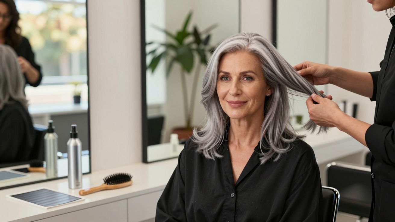 Kobieta z siwymi włosami siedzi u fryzjera, który układa jej włosy w salonie piękności.