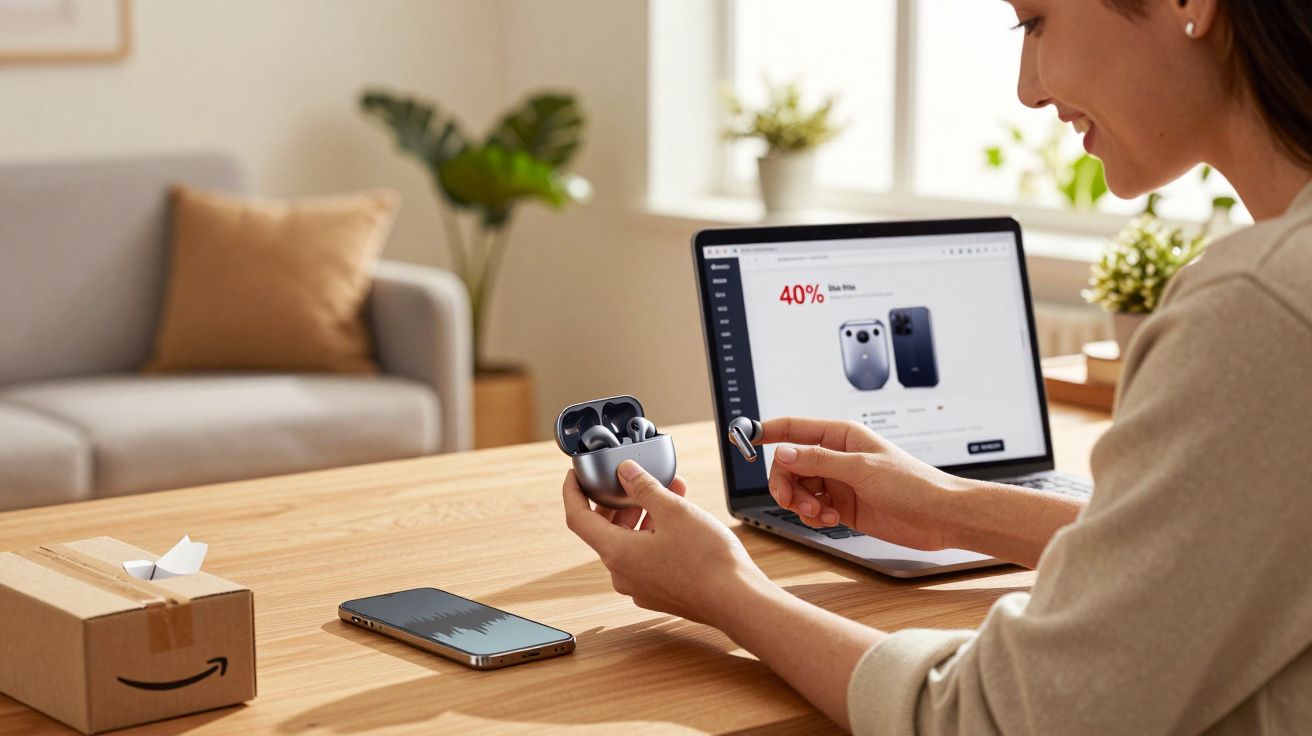 Kobieta trzymająca bezprzewodowe słuchawki przy stole z laptopem i smartfonem, pakowanie Amazon w tle.