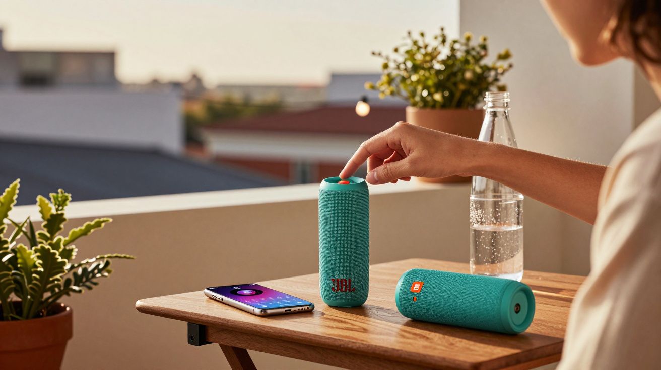 Osoba naciska przycisk na niebieskim głośniku JBL na balkonie przy stoliku z telefonem i butelką wody.