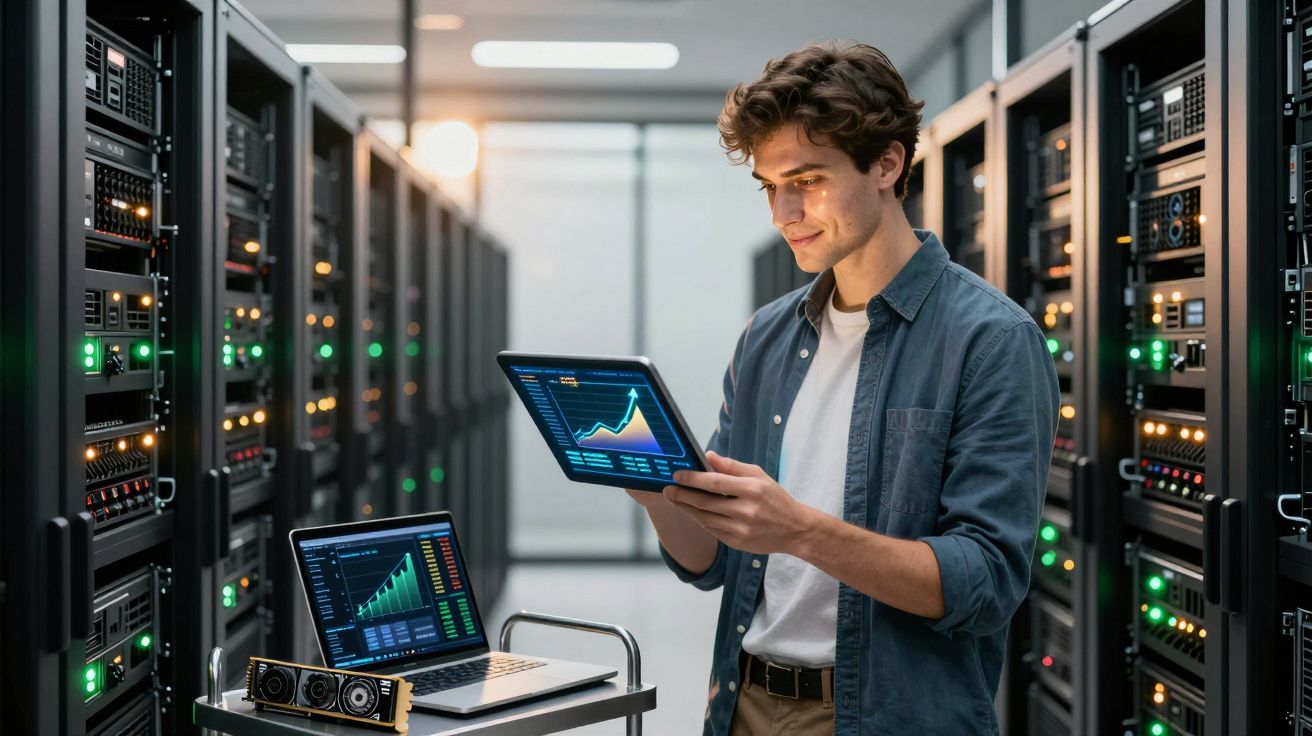 Młody mężczyzna analizuje dane na tablecie w centrum serwerowym z laptopem na wózku obok niego.