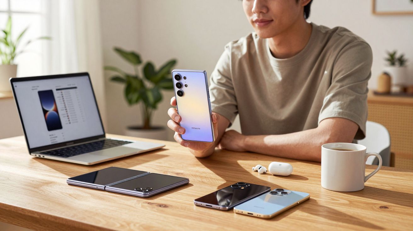 Mężczyzna pokazujący smartfon, na stole kilka modeli telefonów, słuchawki bezprzewodowe i laptop.