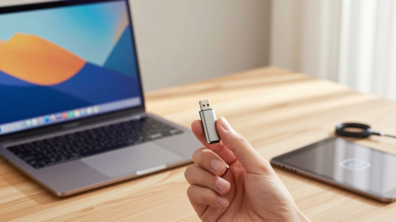 Ręka trzymająca srebrny pendrive, na tle laptopa i tabletu na drewnianym biurku.