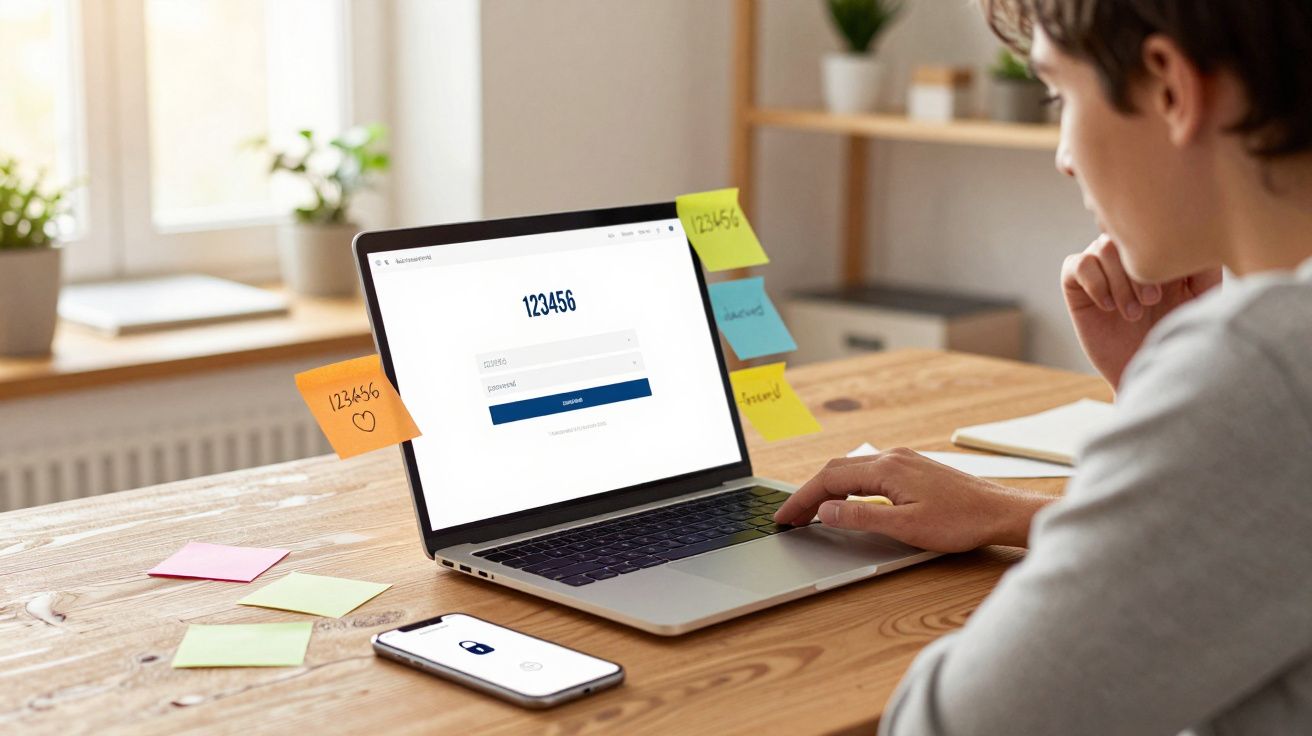 Osoba logująca się na laptopie, ekran z polem na hasło, notatki samoprzylepne z przypomnieniami na biurku.