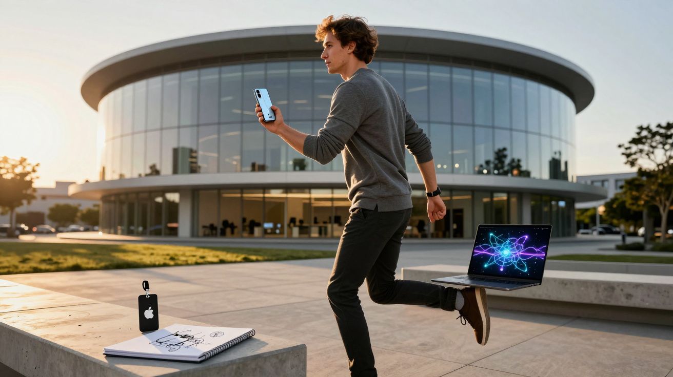 Mężczyzna z telefonem, laptop i notatnik na ławce przed nowoczesnym, szklanym budynkiem o zachodzie słońca.