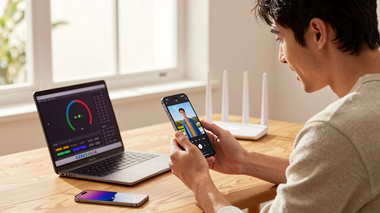 Mężczyzna siedzi przy drewnianym stole z laptopem, przegląda zdjęcia na smartfonie w jasnym pomieszczeniu.