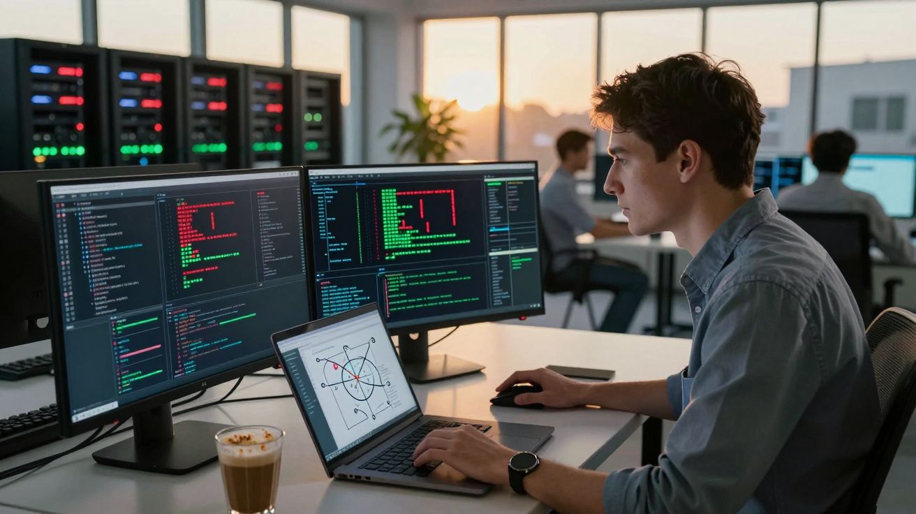 Mężczyzna programista pracujący przy biurku z trzema monitorami i laptopem, kodowanie i diagram naukowy.