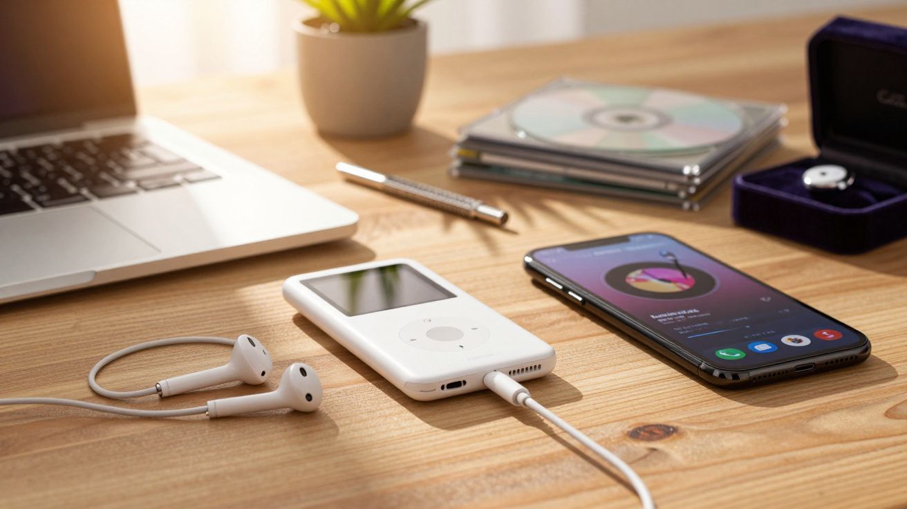 Stolik z laptopem, odtwarzaczem muzyki, słuchawkami, telefonem i kilkoma płytami CD.