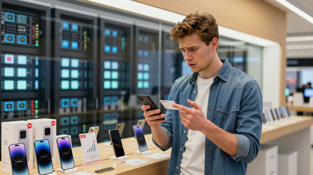 Mężczyzna porównujący telefony w sklepie elektronicznym, trzymający urządzenie i kartę produktu.