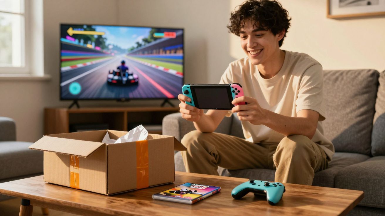 Młody mężczyzna bawi się konsolą przenośną, na telewizorze w tle gra wyścigowa.