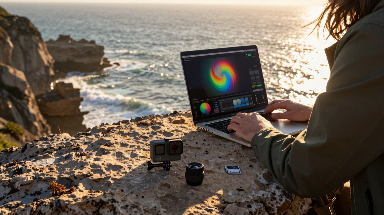 Osoba pracująca na laptopie z programem graficznym na skalistym brzegu morza o zachodzie słońca.