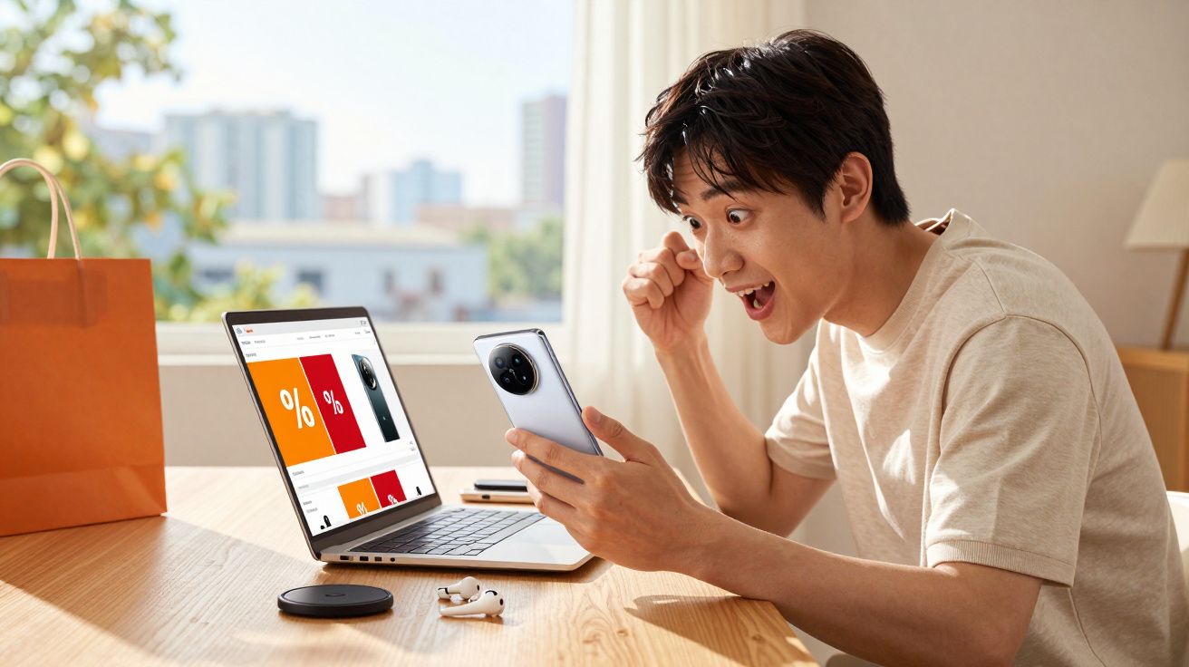 Młody mężczyzna z podekscytowaniem patrzy na telefon siedząc przy stole z laptopem i słuchawkami.