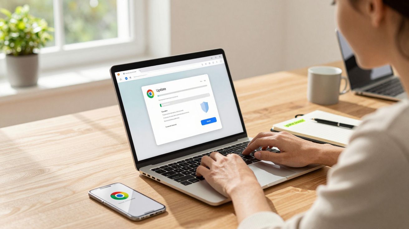 Osoba aktualizuje przeglądarkę Chrome na laptopie przy drewnianym stole z telefonem i notatnikiem.