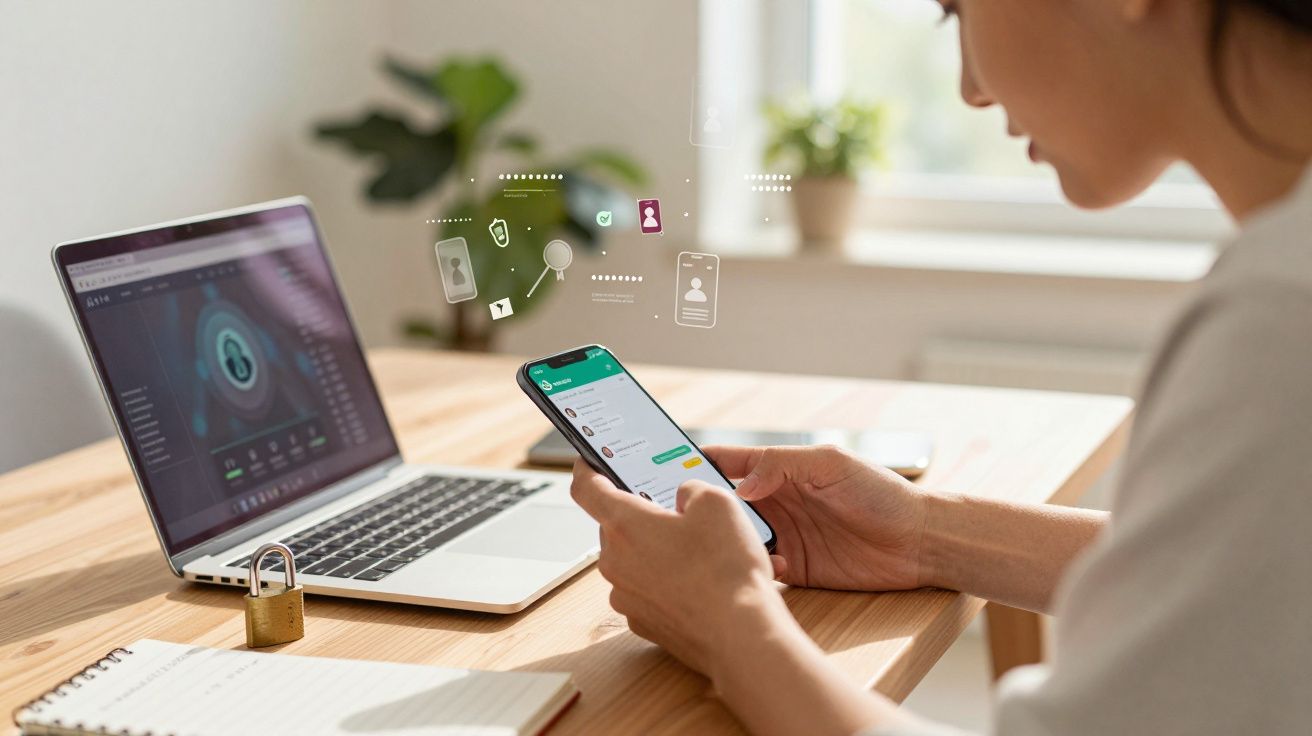 Kobieta korzystająca z telefonu i laptopa z ikonami ochrony danych nad biurkiem w jasnym pokoju.