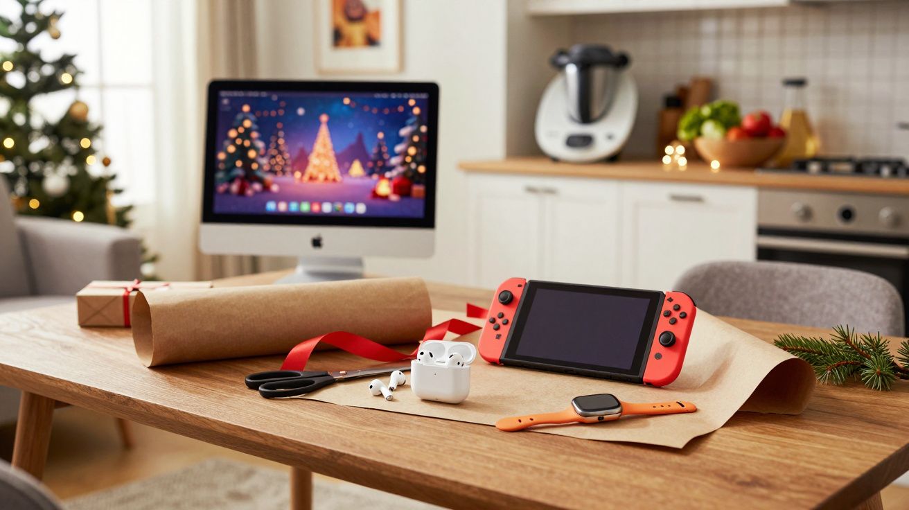 Stół z konsolą do gier, słuchawkami bezprzewodowymi, zegarkiem, nożyczkami i papierem do pakowania prezentów.
