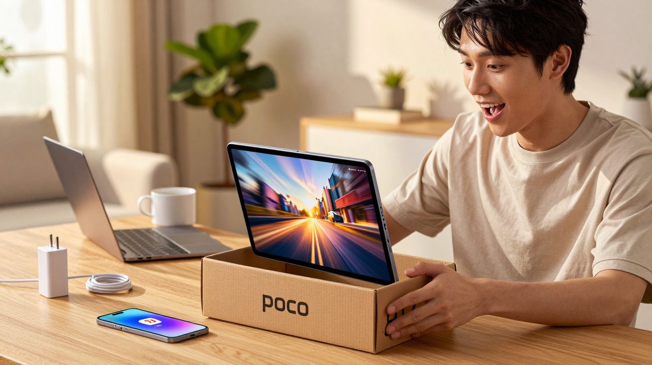 Mężczyzna zaskoczony patrzy na tablet Poco wyjęty z pudełka na stole w nowoczesnym pokoju.