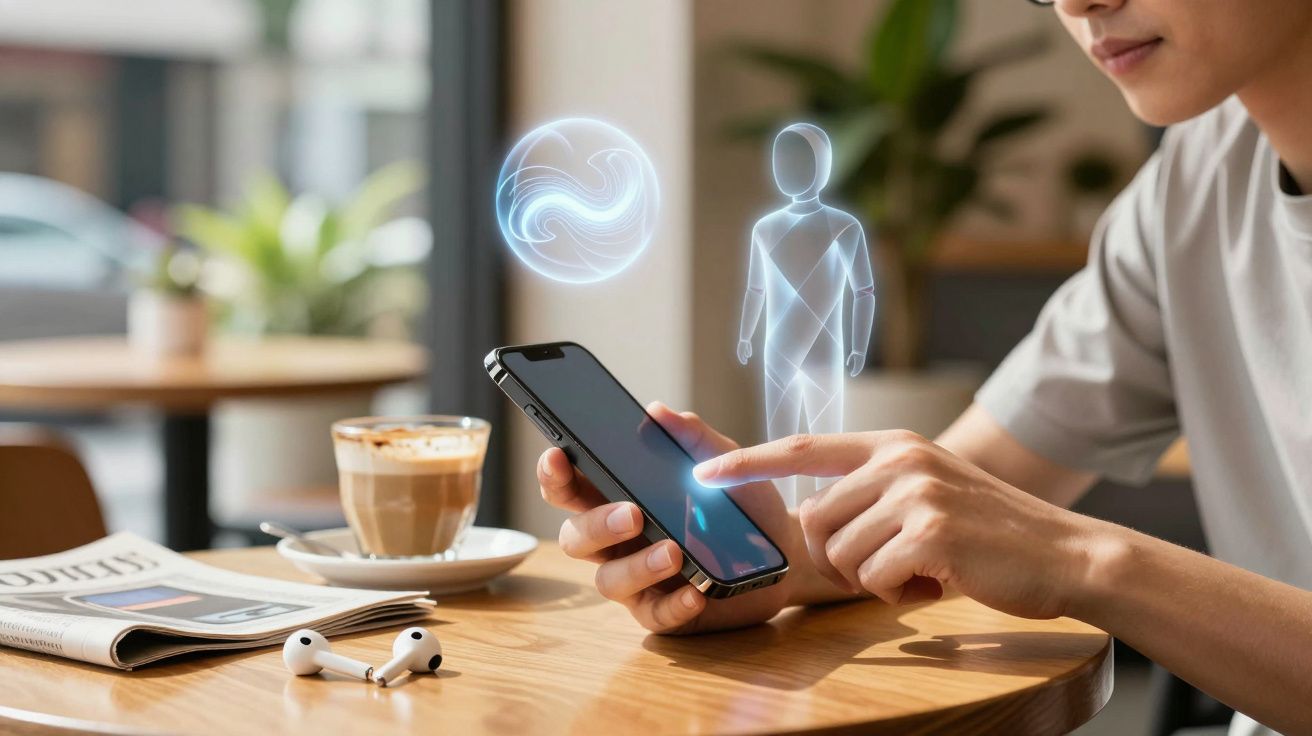 Osoba trzymająca smartfon przy stole, obok kawa, słuchawki i gazetka, hologramy obok ekranu telefonu.