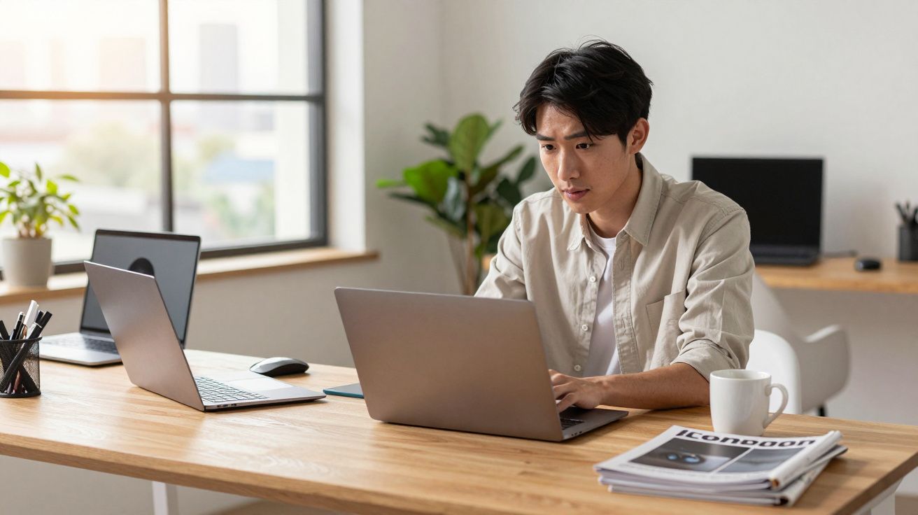Mężczyzna pracujący na laptopie przy dużym biurku w jasnym, nowoczesnym biurze z roślinami.