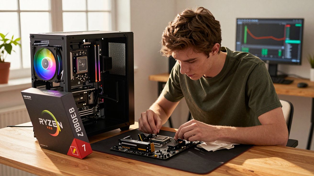 Młody mężczyzna montuje podzespoły do komputera na biurku z otwartą obudową PC i procesorem Ryzen.