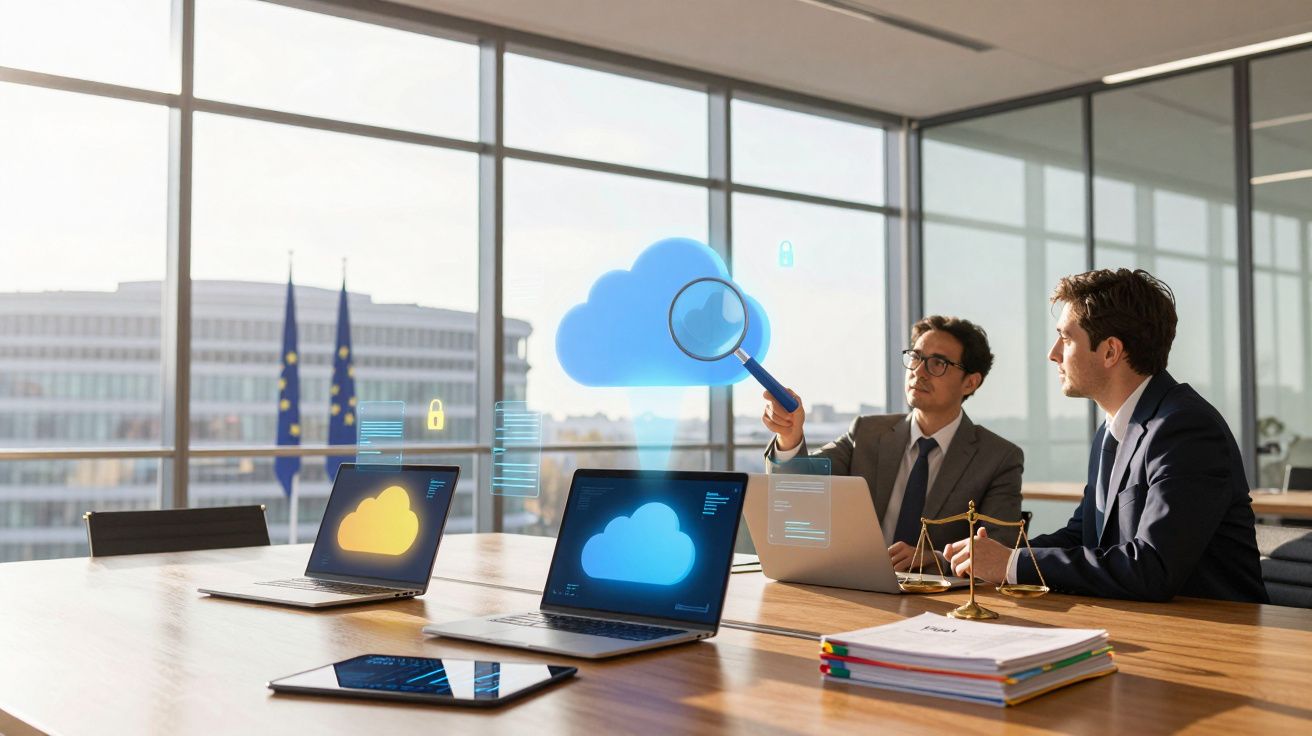 Dwóch mężczyzn w biurze analizuje dane chmury na laptopach z widokiem na flagi UE przez okno.