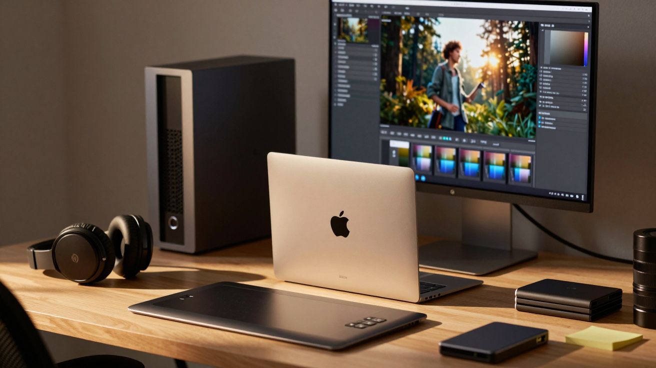 Biurko z laptopem Apple, monitorem, słuchawkami, tabletem graficznym i przenośnymi dyskami.