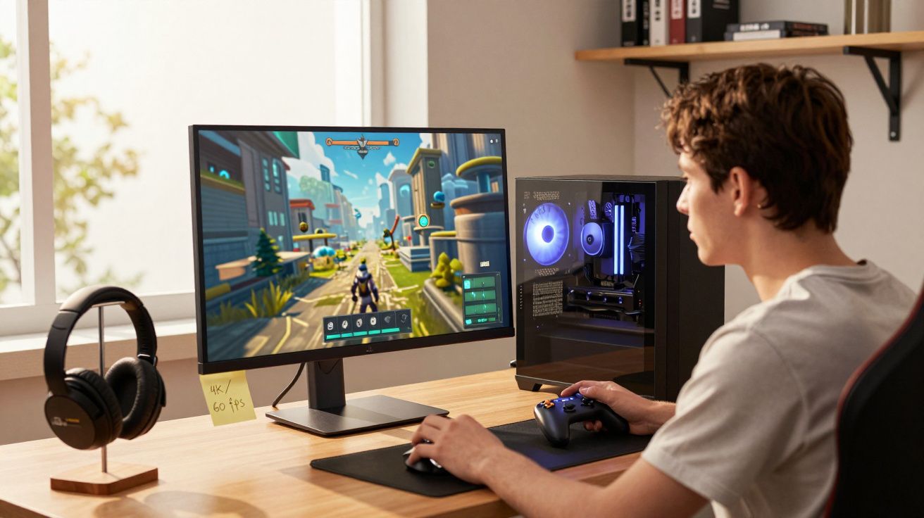 Mężczyzna grający na komputerze stacjonarnym, trzymający pada do gier w nowoczesnym pokoju.