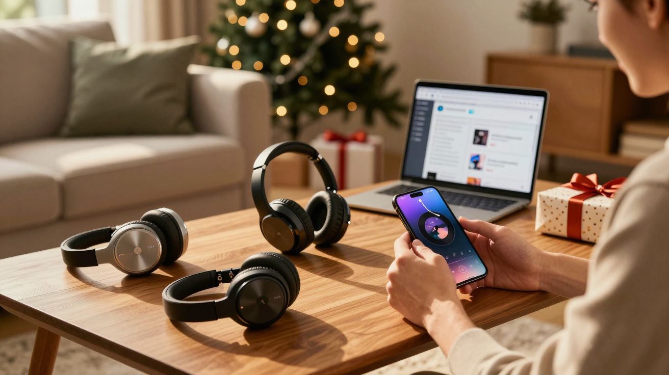 Osoba korzystająca z telefonu przy stole z trzema parami słuchawek, laptopem i choinką w tle.