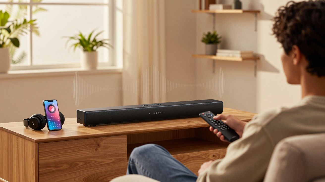 Mężczyzna steruje pilotem, słuchawki i smartfon obok dźwiękowej listwy głośnikowej na szafce.