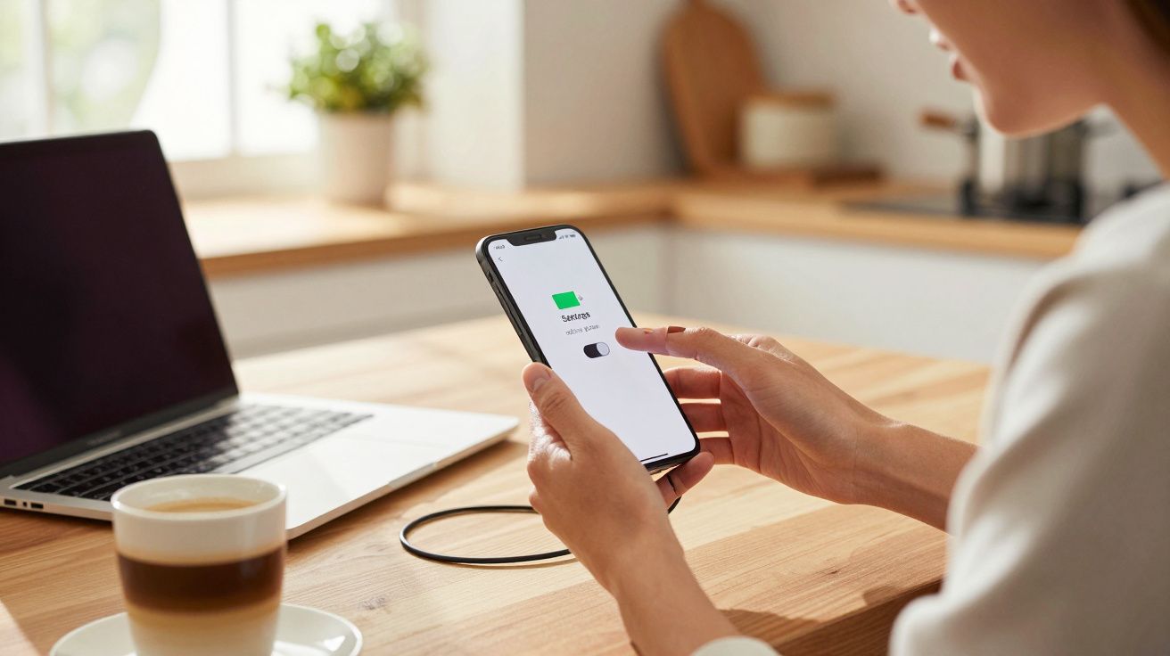 Osoba trzymająca smartfon z ekranu pokazującym 85% naładowania baterii, obok laptop i kawa.