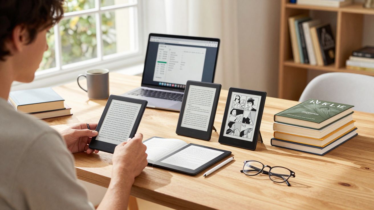 Osoba korzystająca z kilku czytników e-booków na stole obok stosu książek i laptopa.