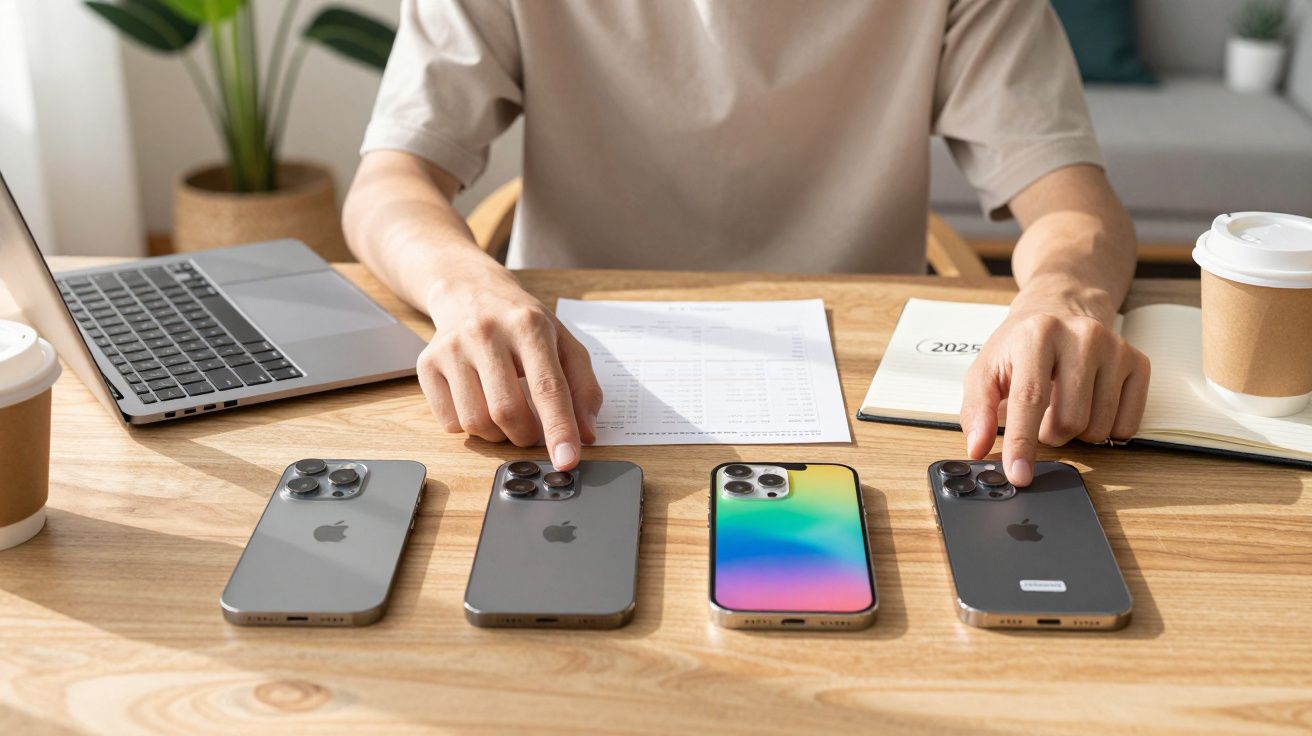 Osoba dotykająca dwa z czterech smartfonów iPhone na biurku obok laptopa i kawy.