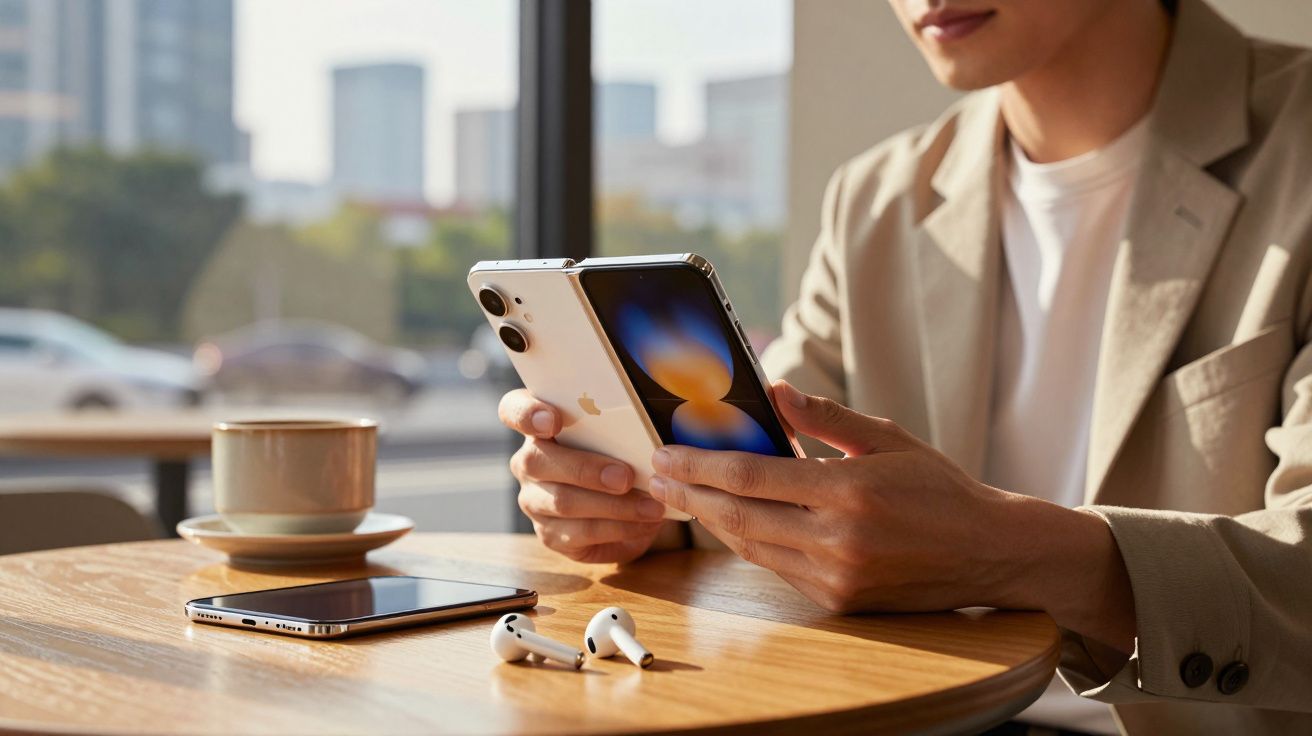 Osoba testująca nowy telefon składany przy okrągłym drewnianym stole w jasnym wnętrzu.