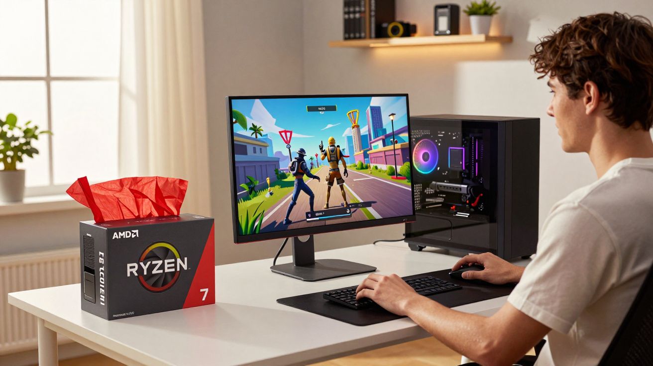 Mężczyzna gra na komputerze z procesorem AMD Ryzen 7 na biurku w jasnym pokoju.