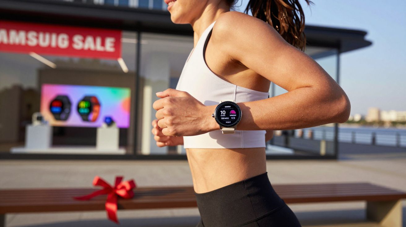 Kobieta biega na zewnątrz, ma na ręce smartband, w tle sklep z szyldem Samsung Sale.