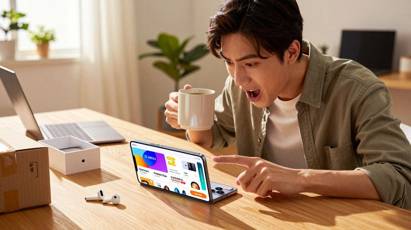 Mężczyzna zaskoczony przegląda ofertę na składanym smartfonie, trzymając kubek z napojem przy biurku.