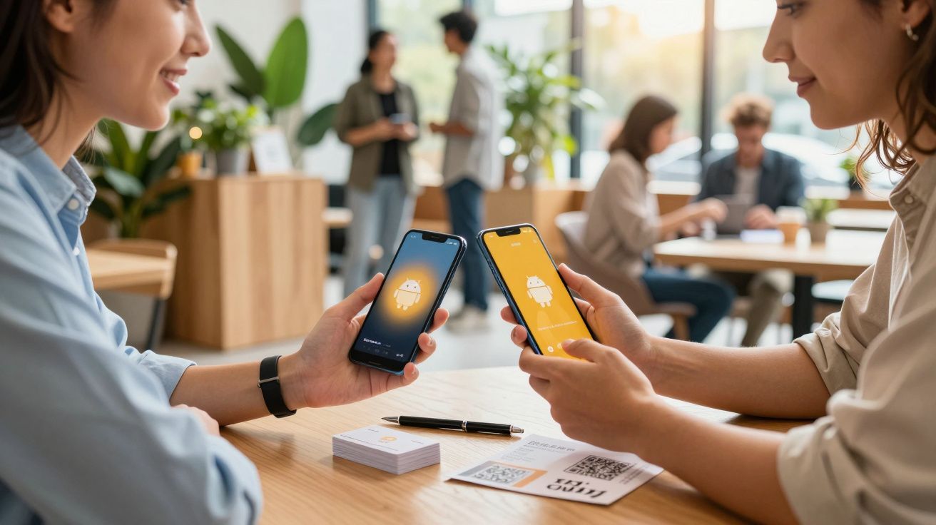 Dwie kobiety siedzą przy stole, wymieniają się informacjami przez telefony z logo Androida na ekranach.