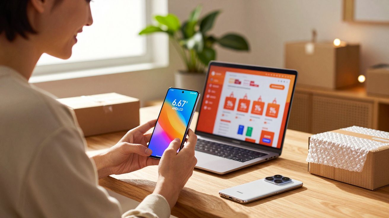 Osoba trzymająca smartfon przy biurku z laptopem i paczkami w jasnym, domowym wnętrzu.