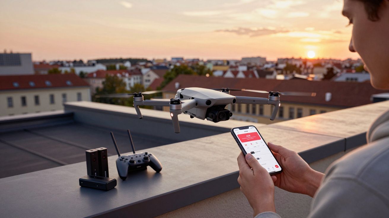 Osoba sterująca dronem pilotem zdalnego sterowania i telefonem na dachu o zachodzie słońca.