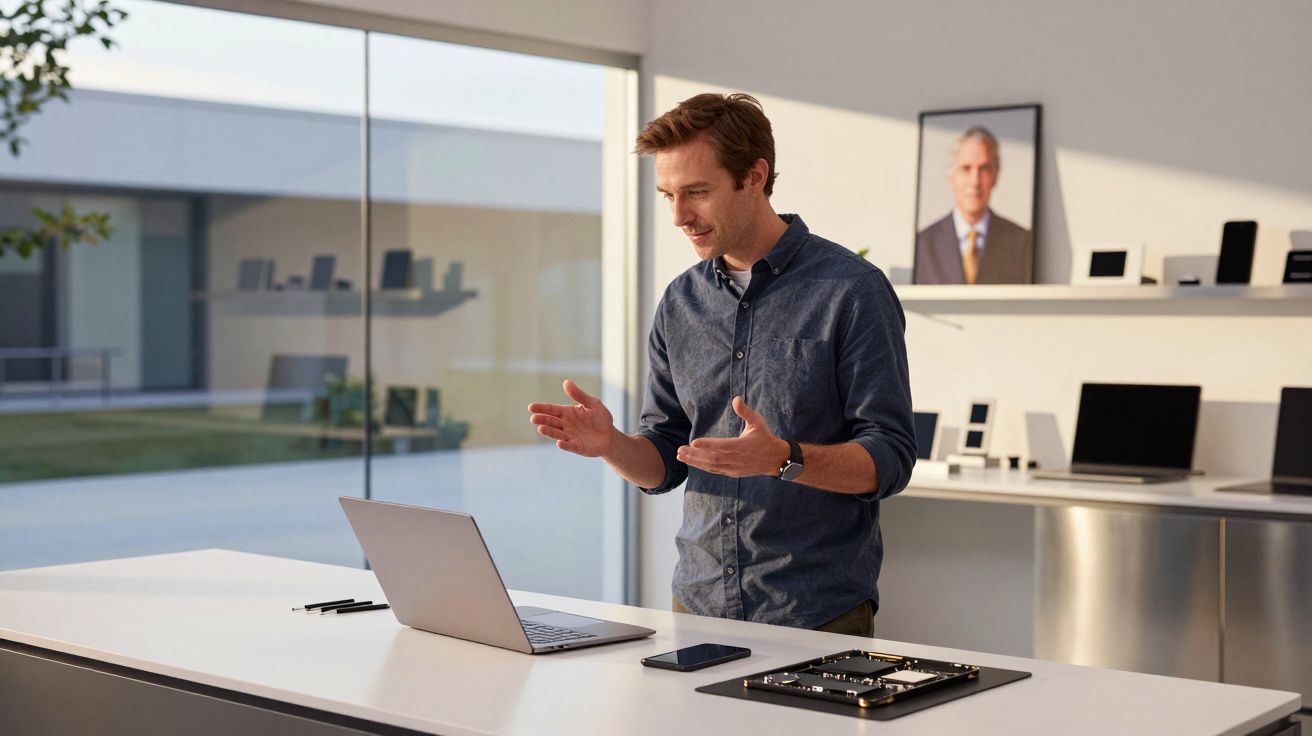Mężczyzna rozmawia przy laptopie w nowoczesnym biurze z dużymi oknami i sprzętem elektronicznym na stole.