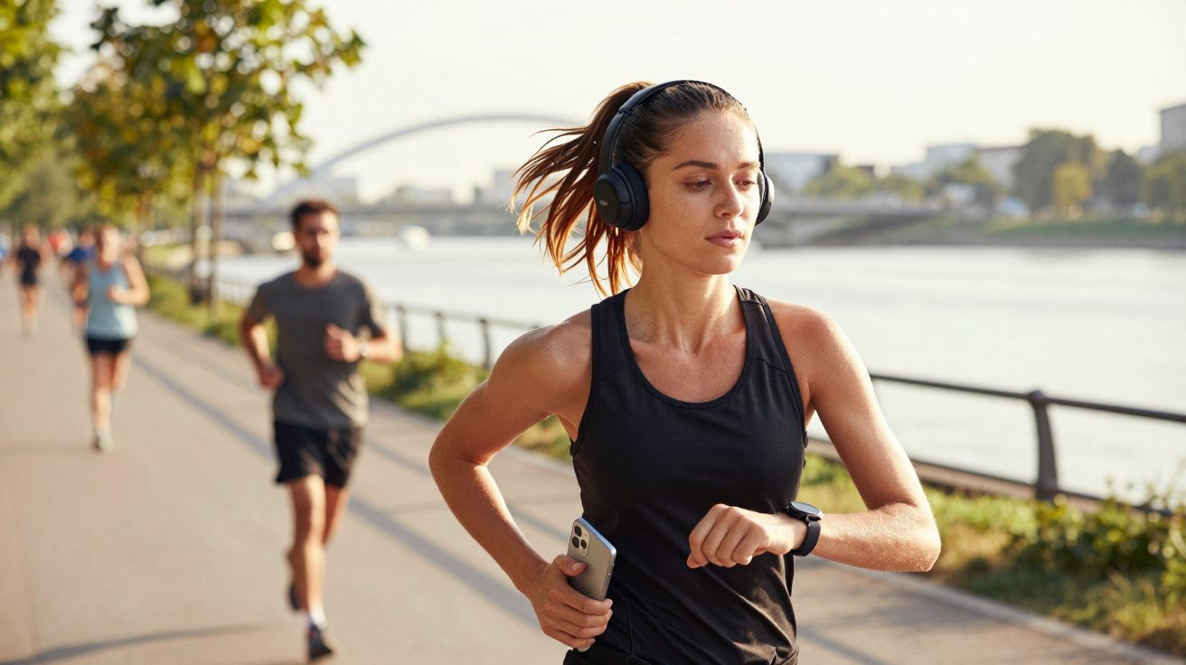 Młoda kobieta w słuchawkach biegnie z telefonem i patrzy na smartwatch nad rzeką podczas dnia.