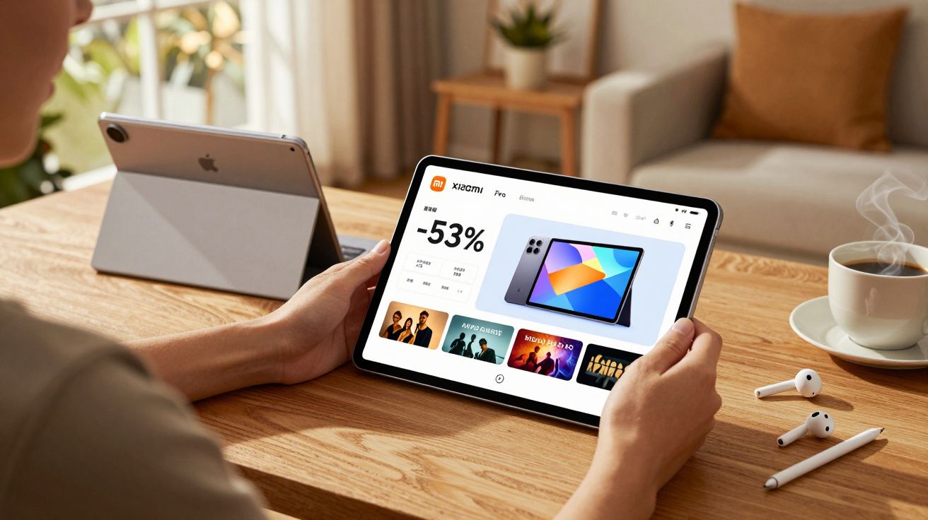 Osoba trzymająca tablet z promocją Xiaomi na ekranie, stolik z kawą, słuchawki i rysik.