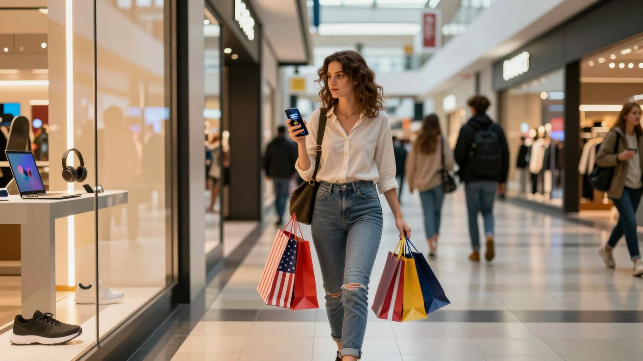 Kobieta z papierowymi torbami na zakupy idzie przez centrum handlowe, trzymając telefon w dłoni.