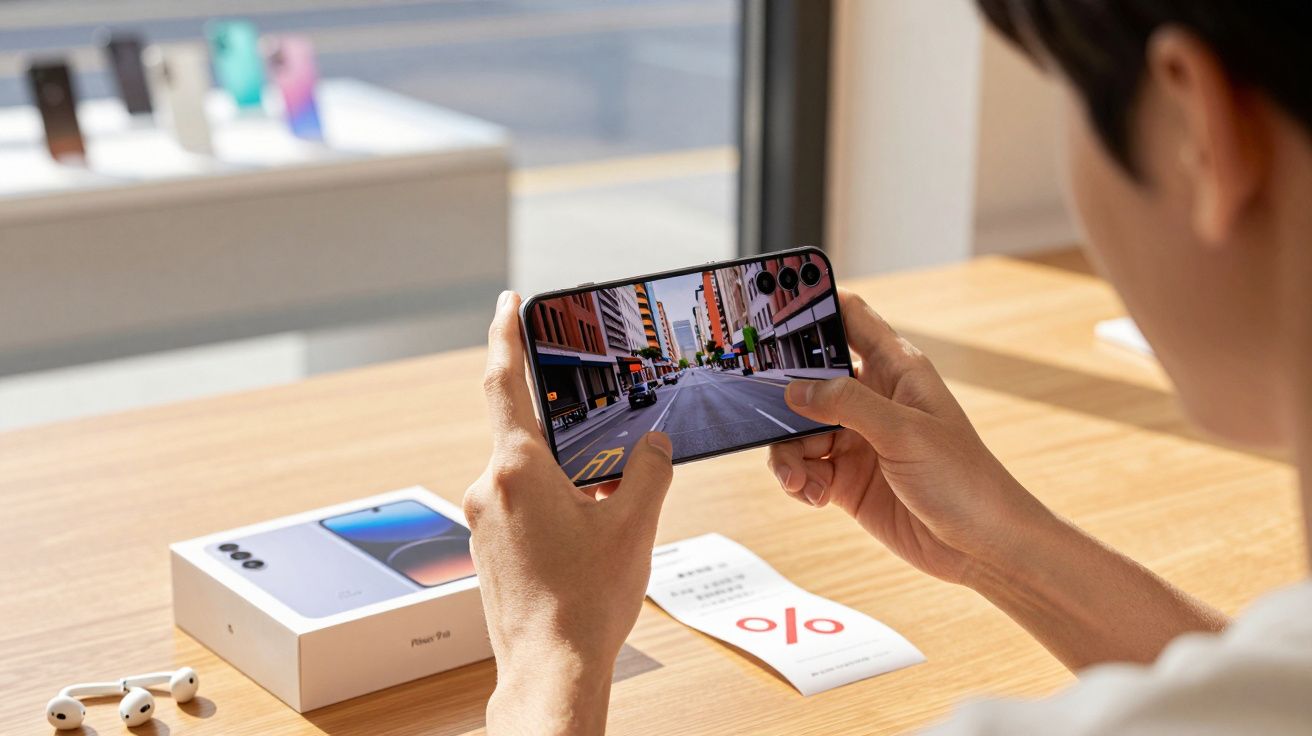 Osoba grająca na smartfonie na stole z pudełkiem od telefonu, słuchawkami i paragonem.