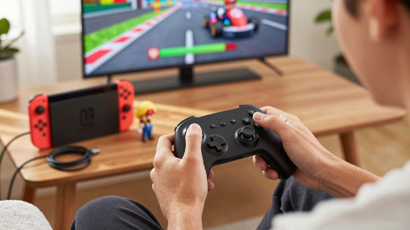 Osoba grająca w wyścigówkę na telewizorze, trzymająca czarny kontroler do gry przed stołem z konsolą Nintendo Switch.