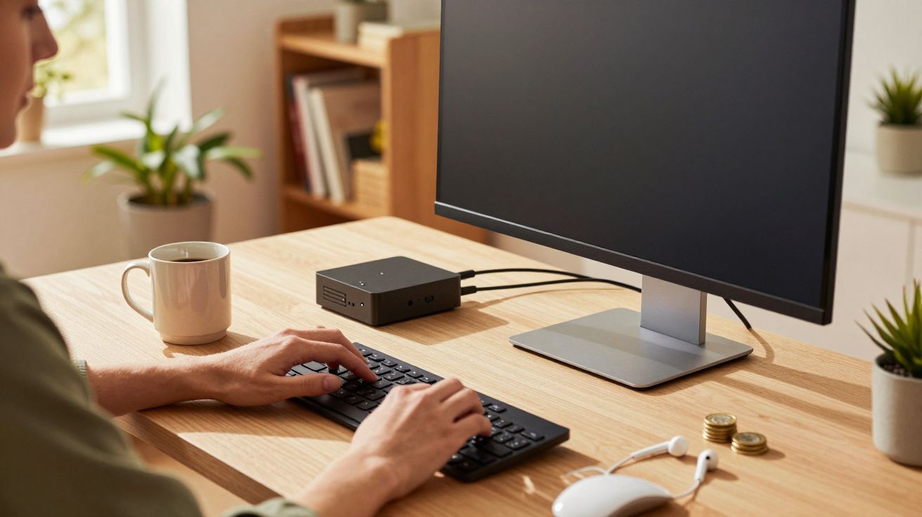 Osoba pisząca na klawiaturze przy biurku z monitorem, kubkiem, słuchawkami i roślinami.