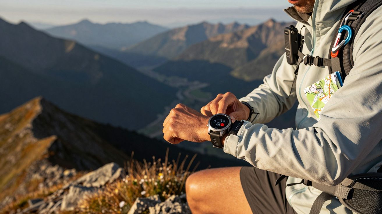 Mężczyzna w outdoorowej odzieży sprawdza smartwatch siedząc na skale z widokiem na górskie pasmo.