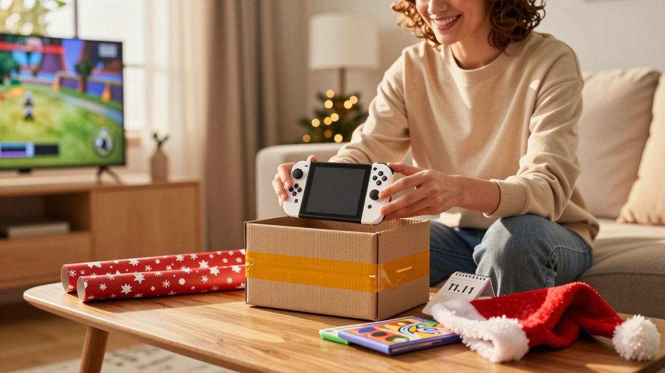 Uśmiechnięta kobieta wyjmuje konsolę do gier z kartonowego pudełka na stole w salonie.